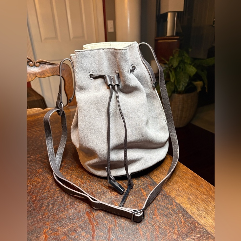 Halston Heritage Light Gray Suede/Cream Leather Mini Bucket Bag Crossbody
